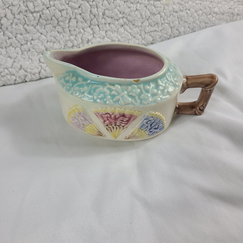 Vintage Ceramic Fan Floral Creamer Pitcher Pastel Faux Bamboo Handle Lavender - Picture 2 of 8